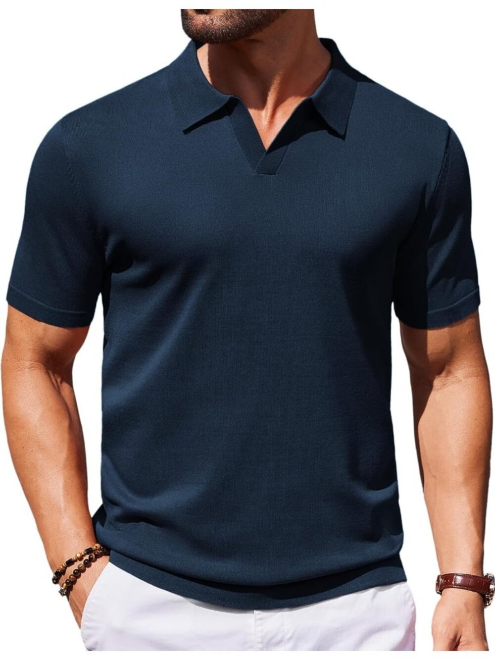 Men's Blue 100% Polyester V Neck Short Sleeve Stretch Knit Polo Shirt